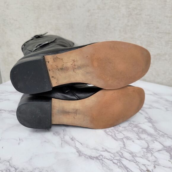 Modern Vintage Janet Black Knee High Tall Leather Riding Boots with Buckles - Picture 7 of 14